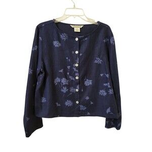Uniform John Paul Richard Linen Button Jacket Cardigan M Navy Flowers G9.2